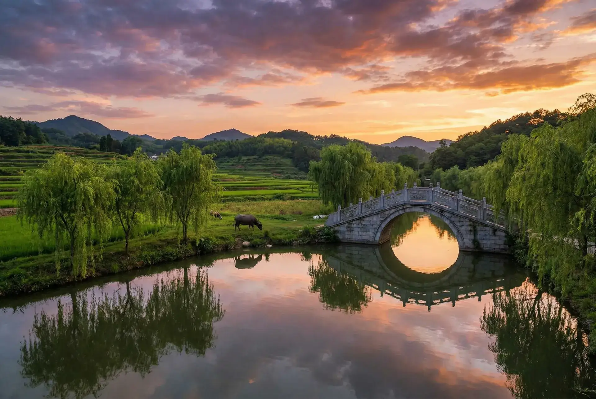 夕阳下的石拱桥与垂柳，水牛在河边吃草 - 许愿神龙在线观看 乡村美景